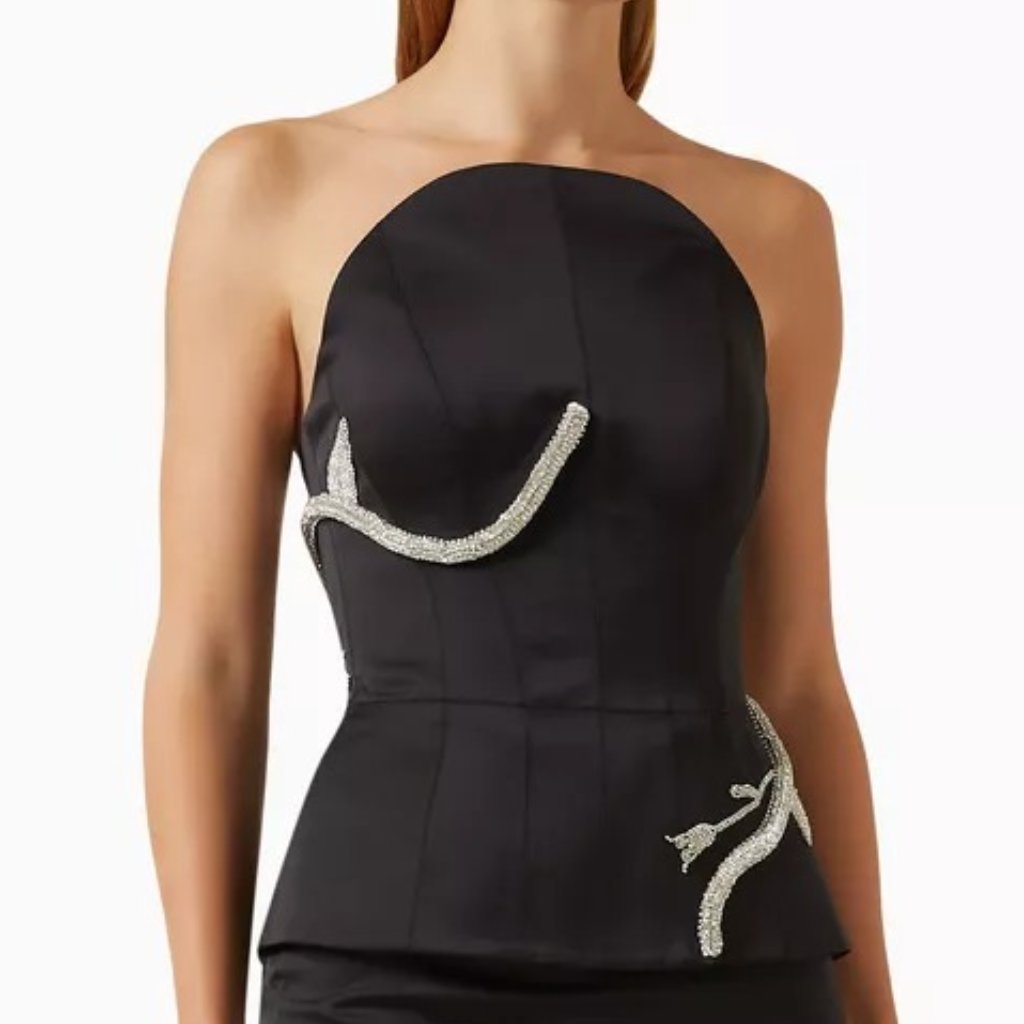 Nafsika Skourti Eden Tima Top In Black Corset Strapless Rhinestone Satin